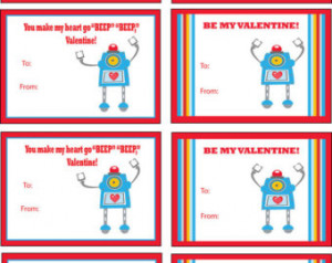 Robot Valentines Day Cards, Kids Valentines Printable Cards