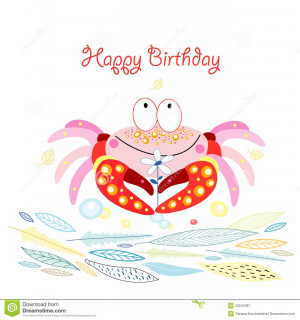 ... card with a funny pink crabs on a white background with blue