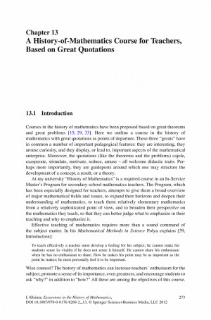 ... History-of-Mathematics Course for Teachers, Based on Great Quotations