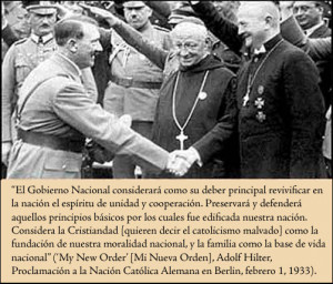 Hitler apertando a mão de lideres católicos e a reportagem diz :