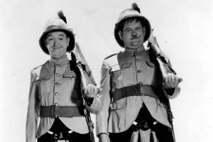 Stan Laurel and Oliver Hardy reporting for duty. Getty Images