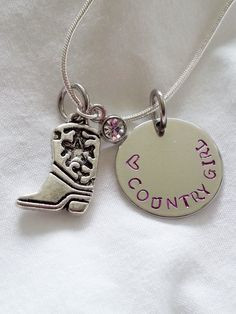 Country Girl Hand Stamped Silver Necklace with Boot and Rhinestone ...
