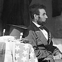 Photo of President Abraham Lincoln in Gen. George B. McClellan's tent