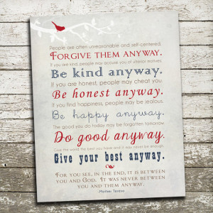 Mother Teresa Quote Wall Art - Be Kind Anyway