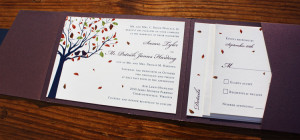 ... Birds in a Navy Fall Tree Horizontal Pocketfold Wedding Invitations