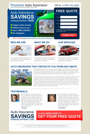 Premium auto insurance free quote landing page design template to ...
