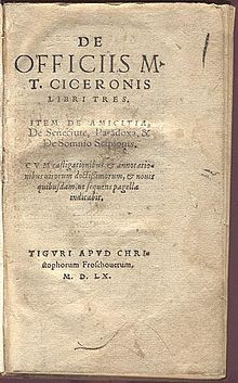 Title page of Cicero 's De officiis . Christopher Froschouer - 1560.