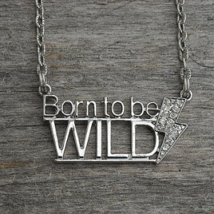 Silver Quote Word Necklace with Jeweled Lightning Bolt, Heavy Metal ...