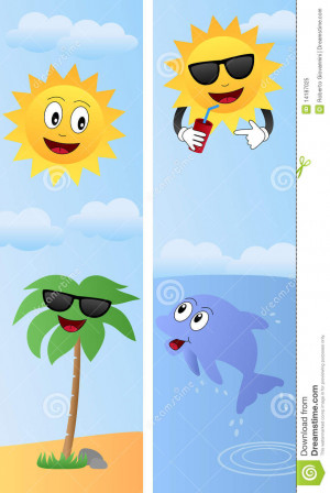 Cartoon Banners With The Sun Palm Tree Beach And Dolphin