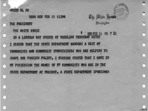 Telegram, Joseph McCarthy to Harry S. Truman, February 11, 1950, with ...