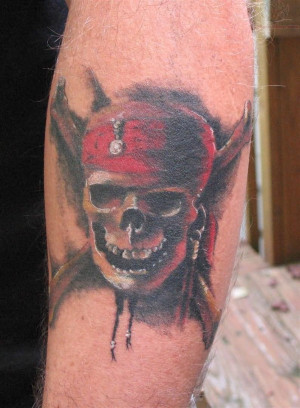Color Pirate Skull Tattoo On Left Sleeve