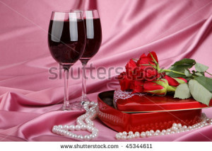 ... of red wine and bunch of flowers. Valentine's day card. - stock photo