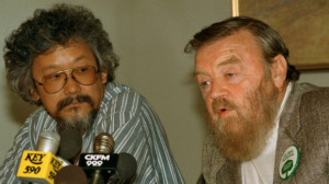 Farley Mowat speaks at a news conference