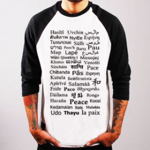 Peace languages Slogan world Baseball Jersey t shirt 3/4 sleeve Raglan