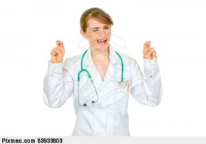 Cheerful medical doctor woman showing air quotes gesture