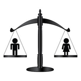 silhouette of man and woman on either side of a scale