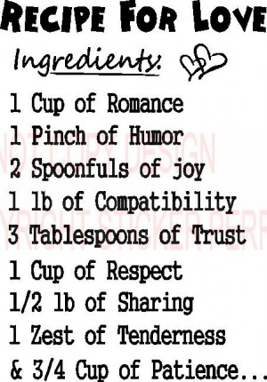 Recipe for love Ingredients: 1 cut of romance 1 pinch of humor 2 ...