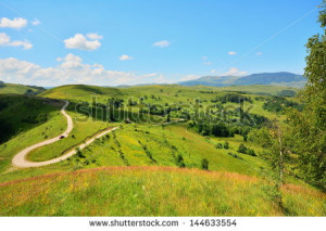 ... Beautiful landscape with road, grass fields, trees and sky./ Landscape