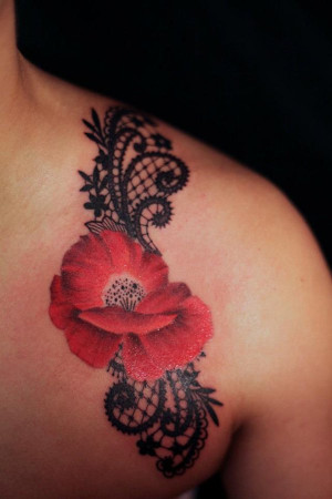 49 Poppy and Lace Shoulder Tattoo