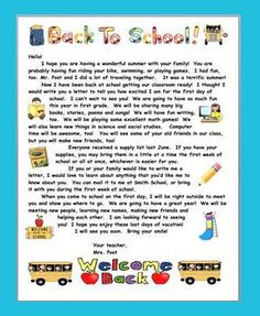 SUMMER BACK TO SCHOOL WELCOME LETTER FOR PRIMARY GRADES ...