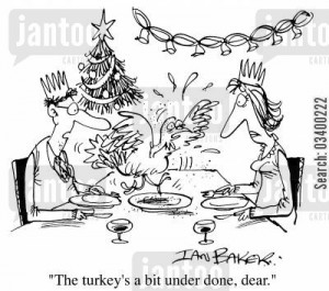 christmas meal cartoon humor: The Turkey's a bit underdone dear.