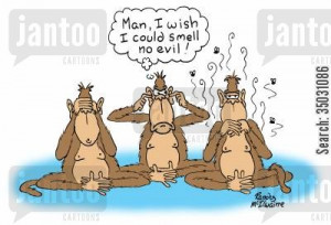 wise monkeys cartoon humor: 'Man, I wish I could smell no evil!'