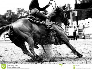 High contrast, black and white closeup of a rodeo Barrel Racer making ...