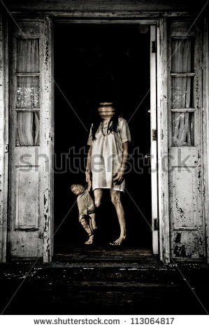 Horror Scene of a Woman Possessed with Blurry Head holding a doll at ...