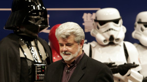 Film director George Lucas with Star Wars character Darth Vader (left ...
