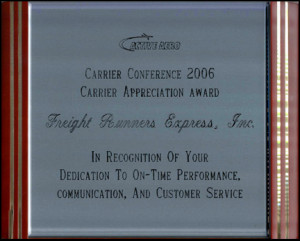 Plaque presented to Freight Runners Express from Active Aero