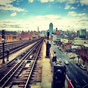 New York- view from elevated train in Astoria Queens direct view of ...