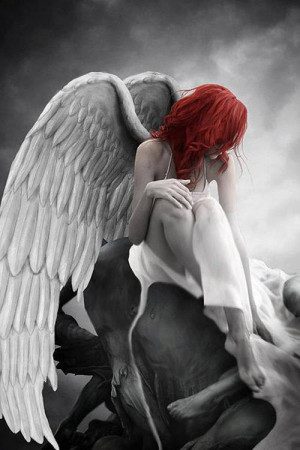 angel, beautiful, red hair, sad, wings