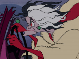 The crazed and determined Cruella chasing after the puppies in her car