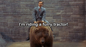 riding a furry tractor! Anchorman. Steve Carell.