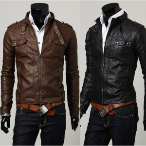 Men's Faux Leather Jacket Fit Slim PU Leather Zip up Coat Black Brown ...
