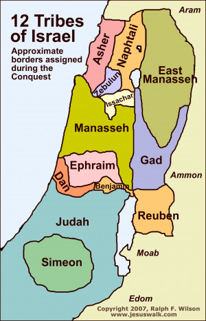 12 Tribes of Israel, approximate borders assigned during the Conquest