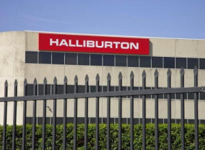 The company logo of Halliburton oilfield services corporate offices is ...