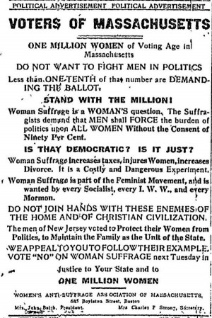 , as Massachusetts’ male voters rejected women’s suffrage. Women ...