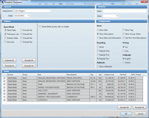 Quote module – Quotation Parameters window