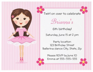 Cute and girly ballerina birthday party invitation featuring a cute ...