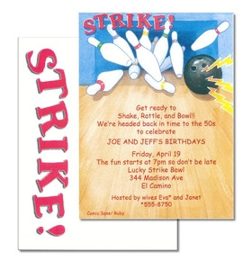 ... invitation. This design shows a bowling ball and pins falling