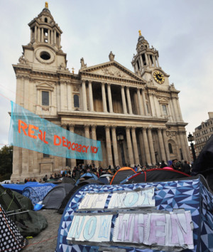 ... St. Paul's Cathedral behind their tents in London on November 2, 2011