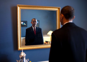 File:Barack Obama takes one last look in the mirror, before going out ...