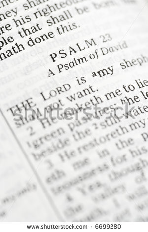 Selective focus of Psalm verses in open Holy Bible. - stock photo