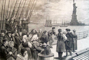 an illustration of immigrants on the steerage deck of an