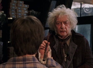Mr Ollivander presents Harry Potter with his first wand.