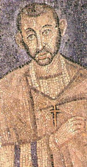 An actual portrait in mosaic of Ambrose of Milan in the church St ...