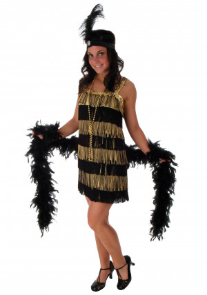 black flapper dress with gold trim