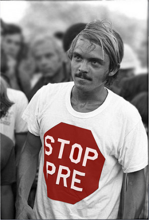 Steve Prefontaine in Stop Pre t-shirt mixes with the fans at Hayward ...