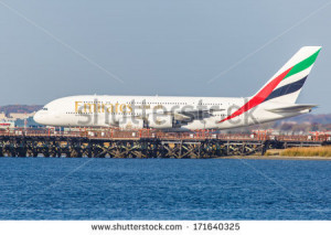 NEW YORK - OCTOBER 9: Airbus A380 Emirates taxiing on JFK Airport on ...